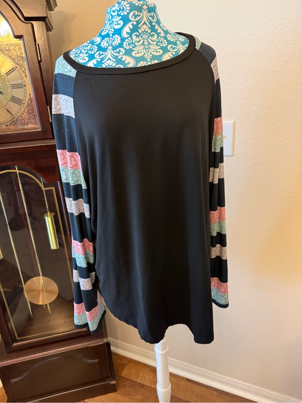 SHEIN Black Long Sleeve Top with Glittery Pink, Green and Silver Stripes